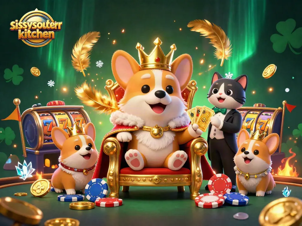 Sissyssouthernkitchen showcases a royal corgi in a vibrant gambling scene with slot reels and golden coins.