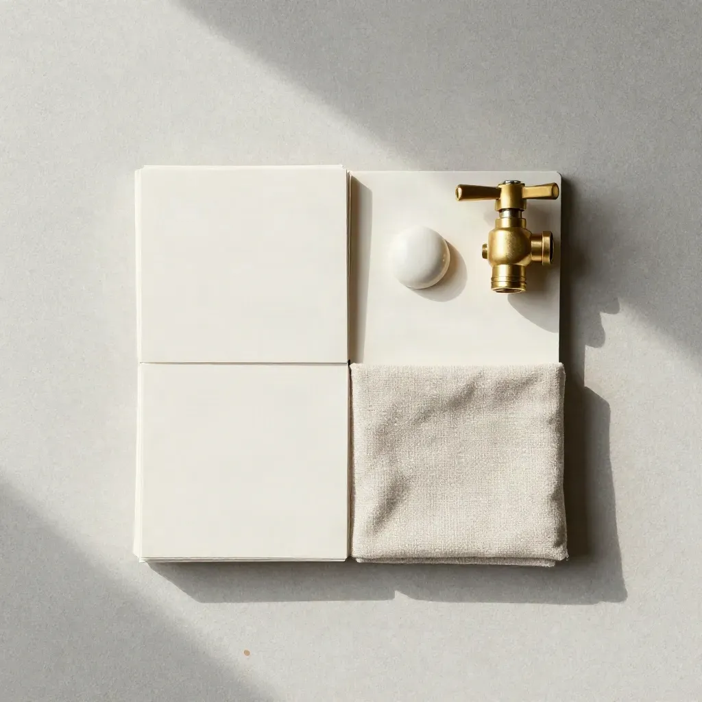Flatlay cenital de tarjetas crema, válvula de latón, ficha cerámica y lino sobre yeso.