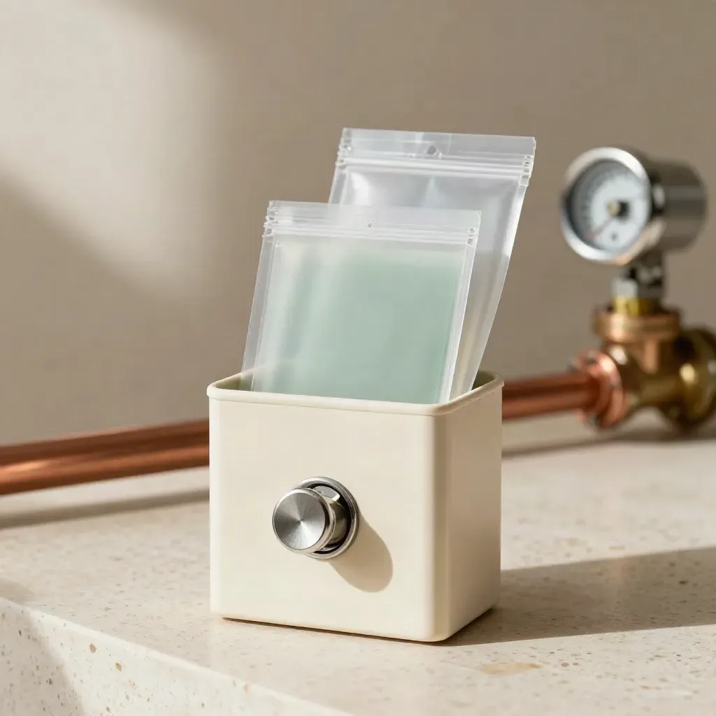Caja de cambio de tarifa de gas con piezas metálicas sobre travertino y fondo doméstico suave