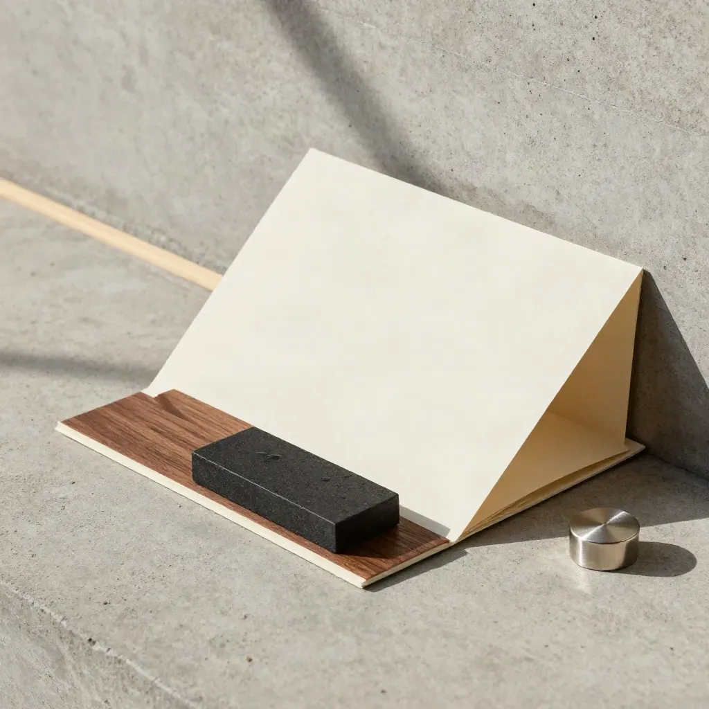 Primer plano de una carpeta crema, un peso de piedra y un sello metálico sobre hormigón y madera clara.