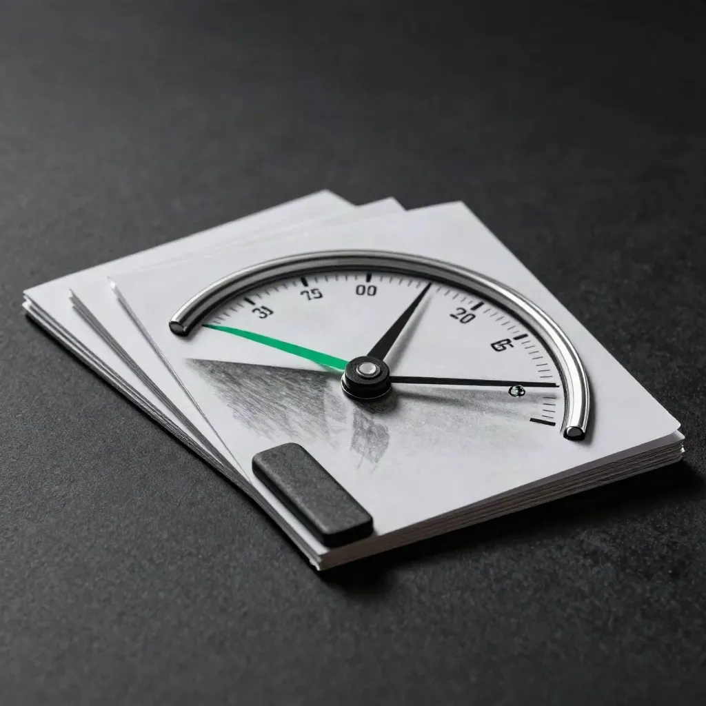 Tarjeta con disco de consumo, clip mate y reflejo verde sobre fondo oscuro.