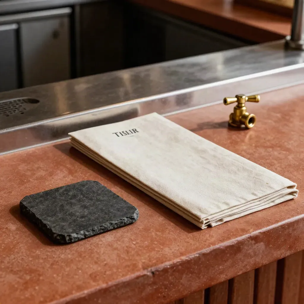 Kit de plan restaurante sobre piedra oscura y lino en cocina tenue, con válvula de latón.