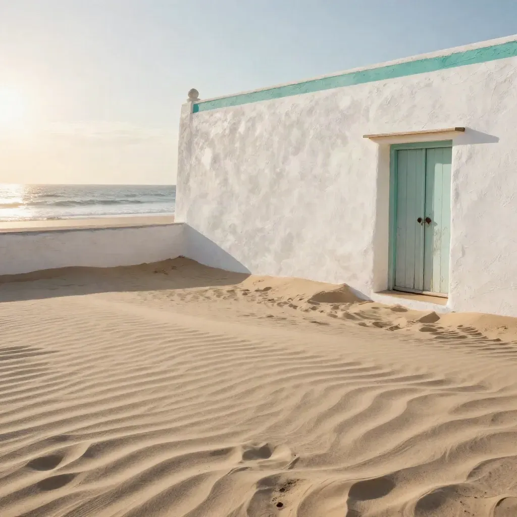 Duna junto a muro encalado y mar al atardecer, con luz dorada y espacio tranquilo para texto.